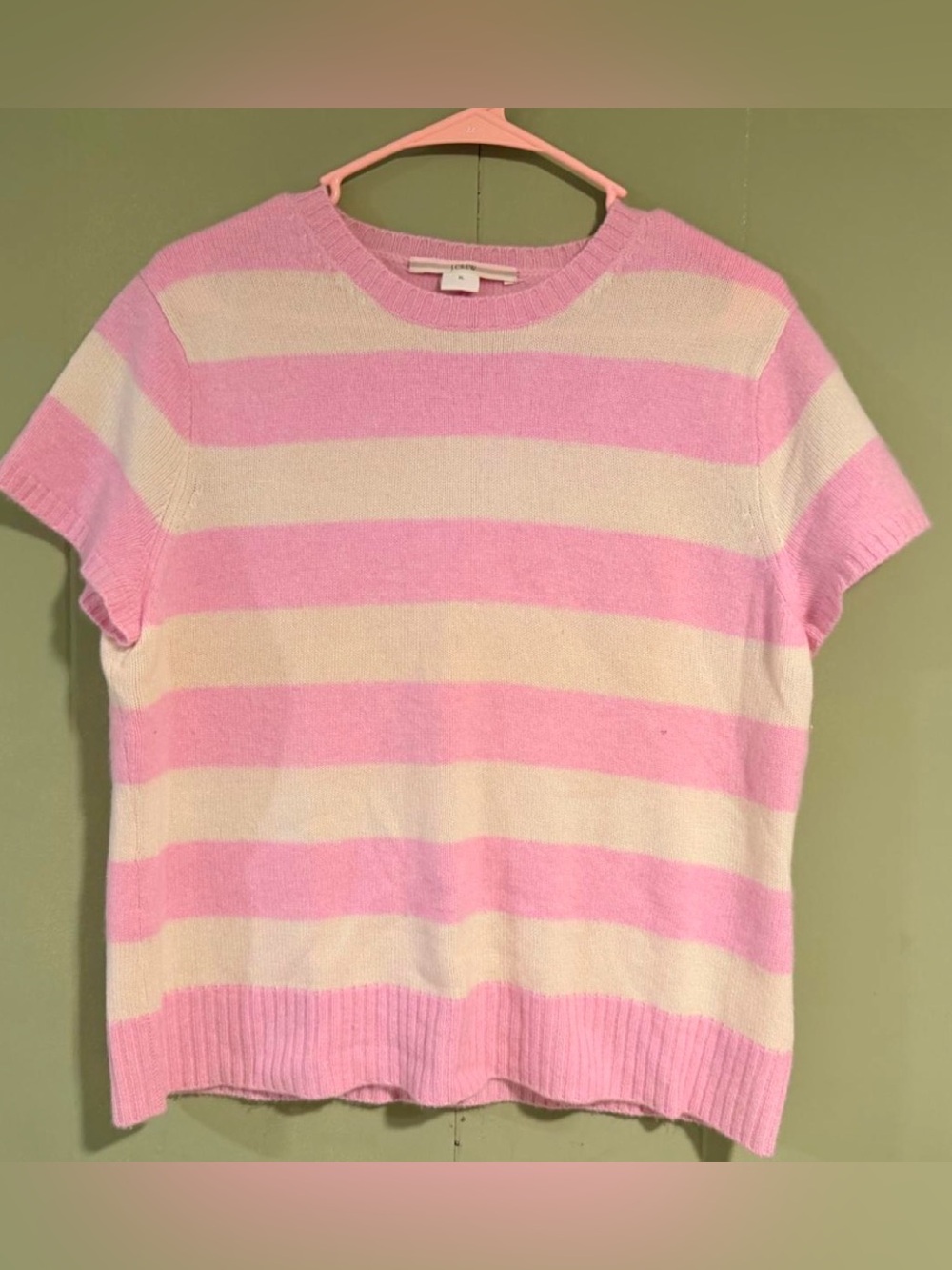J. Crew Pink and Cream Striped Short-Sleeve Crewneck Sweater